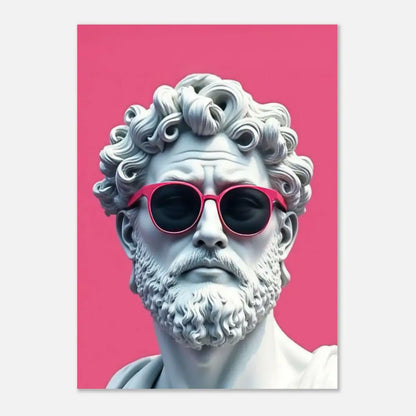 Une tête de statue en marbre blanc frappante avec des cheveux bouclés et une barbe, portant des lunettes de soleil à monture rose audacieuse sur un fond rose vibrant.
