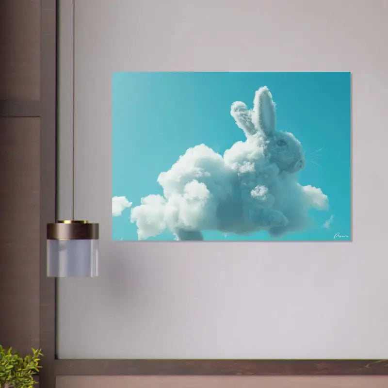 Une impression sur toile fantaisiste mettant en scène un lapin blanc moelleux sculpté à partir de nuages sur un ciel turquoise vibrant.