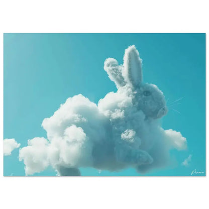 Un nuage blanc capricieux en forme de lapin, avec une texture douce et duveteuse et de délicates moustaches sur un ciel turquoise vibrant.