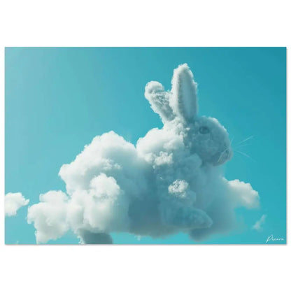 Un nuage blanc capricieux en forme de lapin, avec une texture douce et duveteuse et de délicates moustaches sur un ciel turquoise vibrant.