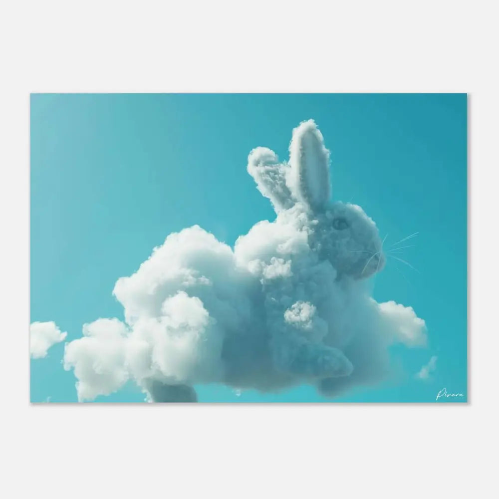 Une sculpture de nuage blanc fantaisiste en forme de lapin, avec une texture douce et duveteuse et de délicates moustaches sur un ciel turquoise vibrant.