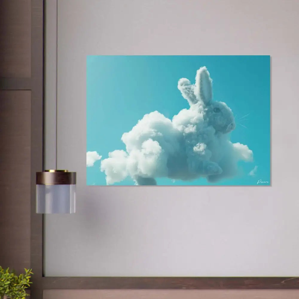 Une impression sur toile fantaisiste mettant en scène un lapin blanc moelleux sculpté à partir de nuages sur un ciel turquoise vibrant.