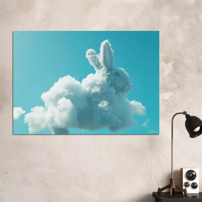 Une impression sur toile rectangulaire mettant en scène un nuage blanc fantaisiste en forme de lapin sur un ciel turquoise vibrant.