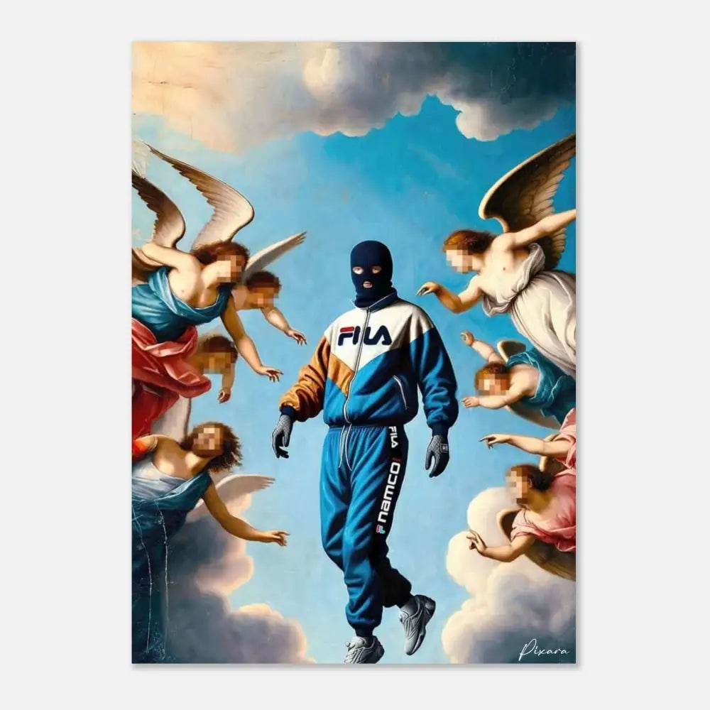 Survêtement bleu et blanc de marque Fila avec des accents orange, porté par une silhouette en cagoule noire.