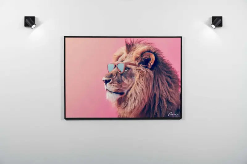 Un portrait encadré d’un lion portant des lunettes de soleil sur un fond rose.