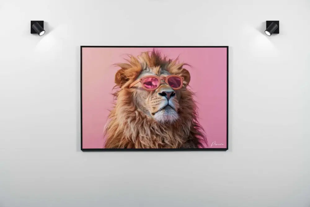 Un portrait encadré d’un lion à crinière dorée portant des lunettes de soleil teintées en rose sur un fond rose doux.