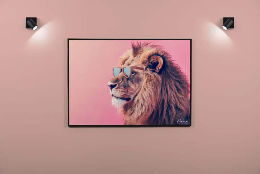 Un portrait encadré d’un lion portant des lunettes de soleil sur un fond rose.