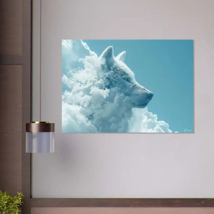 Une impression sur toile rectangulaire mettant en scène un loup blanc émergeant de nuages stylisés sur un ciel turquoise vibrant.