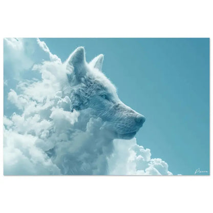 Un portrait serein d’un loup blanc avec des textures douces et éthérées de nuages contre un ciel bleu clair.