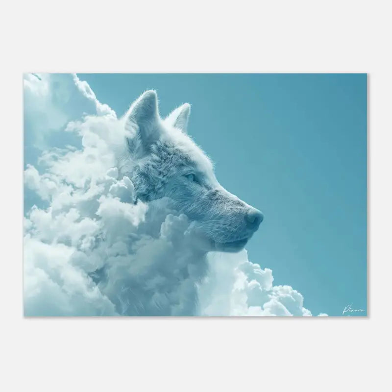 Un loup blanc serein à la fourrure douce et détaillée émerge de nuages tourbillonnants sur un ciel turquoise tranquille.