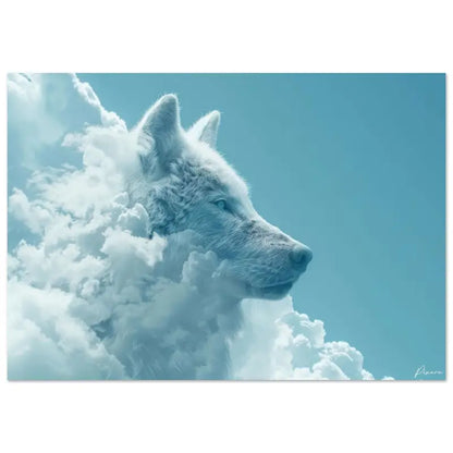 Un loup blanc serein aux yeux bleus perçants émerge de nuages tourbillonnants sur un ciel teal doux, rendu dans un style d’art numérique éthéré.