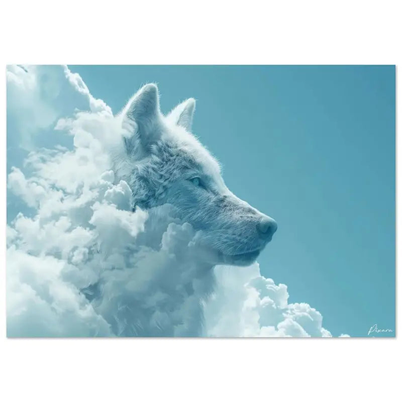 Un loup blanc serein aux yeux bleus perçants émerge de nuages tourbillonnants sur un ciel teal doux, rendu dans un style d’art numérique éthéré.