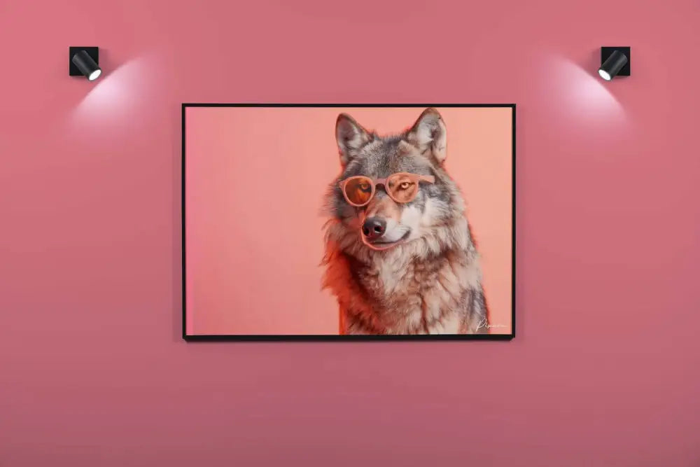 Un portrait encadré d’un loup gris portant des lunettes de soleil orange stylées, sur un fond rose doux.