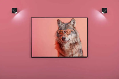 Un portrait encadré d’un loup gris portant des lunettes de soleil orange stylées, sur un fond rose doux.