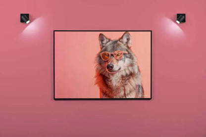 Un portrait encadré d’un loup gris portant des lunettes de soleil orange stylées, sur un fond rose doux.