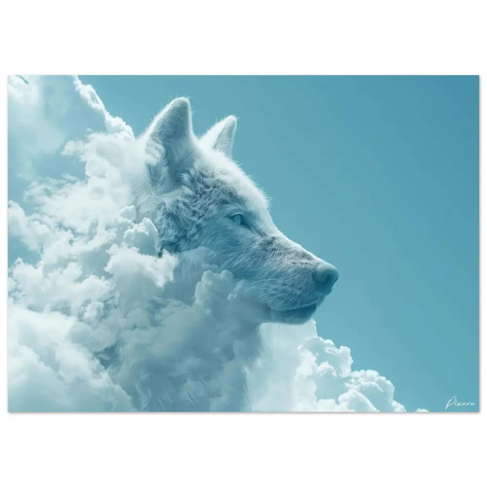 Un loup blanc serein aux yeux bleus perçants émerge d’une masse tourbillonnante de nuages doux et éthérés contre un ciel turquoise clair.