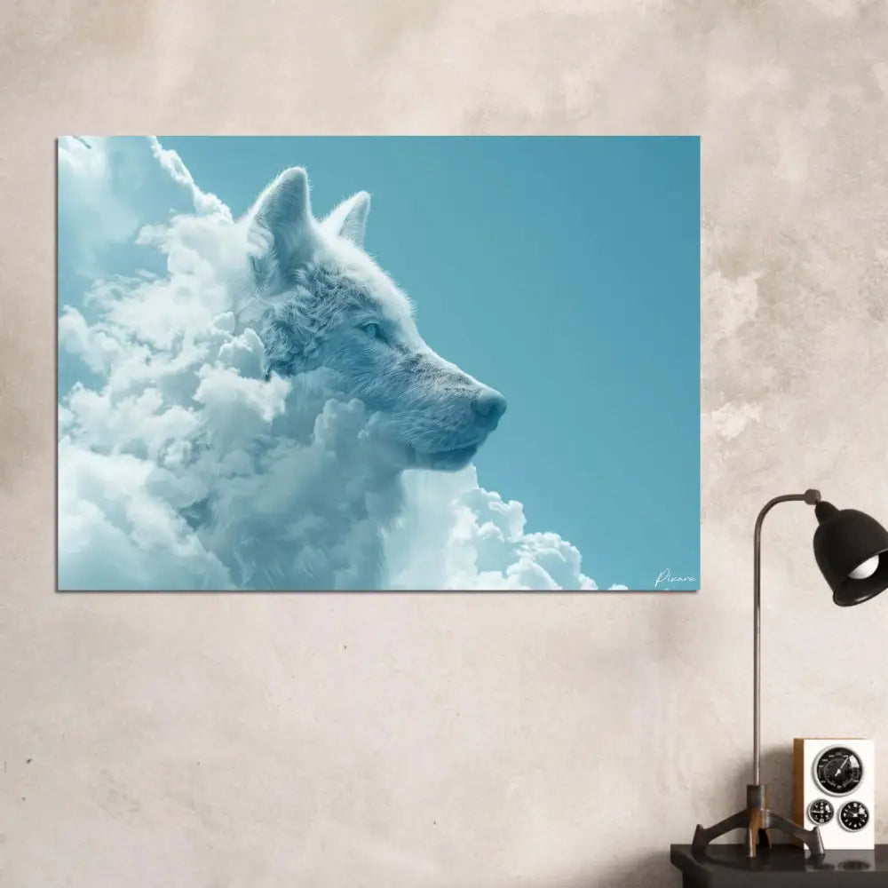 Un portrait serein d’un loup blanc sur toile, présentant un design stylisé avec des textures douces bleu clair et nuageuses sur un fond de ciel clair.