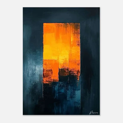 Peinture abstraite sur toile rectangulaire présentant des dégradés audacieux orange et jaune sur un fond bleu marine profond avec des coups de pinceau texturés.
