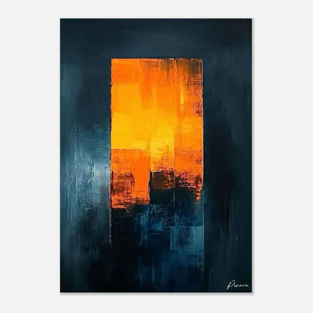 Peinture abstraite mettant en scène des traits verticaux audacieux orange et jaune sur un fond bleu foncé.