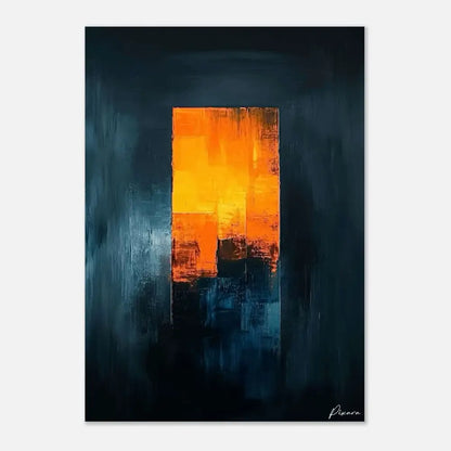 Peinture abstraite sur toile rectangulaire présentant des teintes audacieuses orange et jaune sur un fond bleu marine profond.
