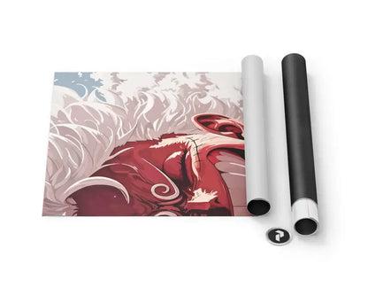 Une affiche illustrée vibrante en rouge et blanc mettant en scène une figure stylisée et musclée aux cheveux flottants.