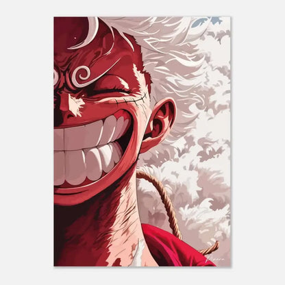 Un portrait d’anime rouge vibrant d’un personnage aux cheveux blancs ébouriffés et à un sourire exagéré, rendu dans un style artistique de bande dessinée audacieux.