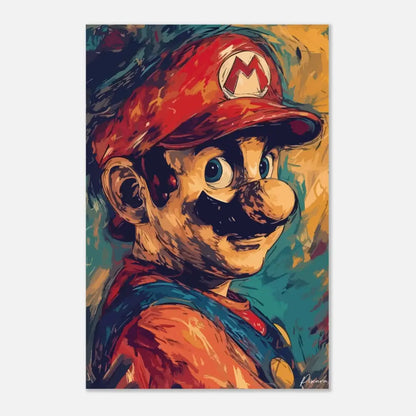 Impression sur toile vibrante et texturée de Mario avec son iconique casquette rouge et salopette bleue.