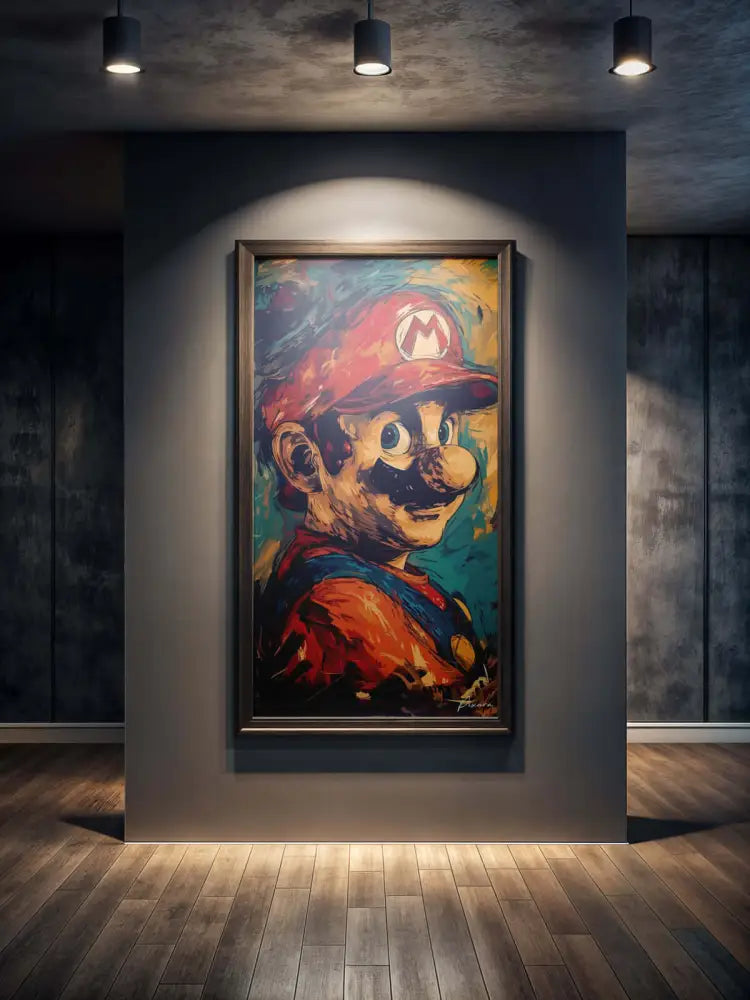 Portrait vibrant et expressif de Mario avec un bonnet rouge audacieux et une salopette bleue, encadré dans un bois sombre élégant.