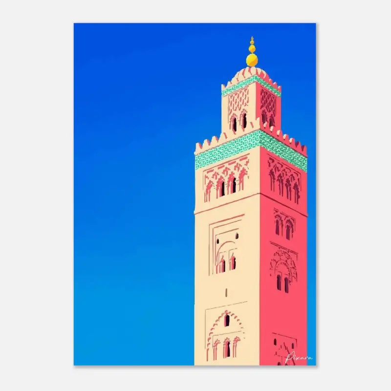 Illustration stylisée vibrante du minaret de la mosquée Koutoubia à Marrakech, présentant des sections audacieuses en rose et crème avec des bandes décoratives turquoise sur un ciel bleu profond.