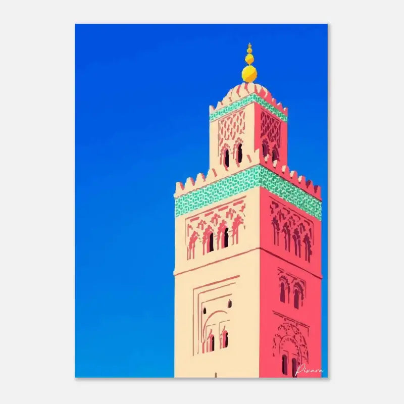 Illustration stylisée vibrante du minaret de la mosquée Koutoubia à Marrakech, présentant des sections audacieuses en rose et crème avec un travail de carrelage vert complexe et un fleuron doré sur un ciel bleu profond.
