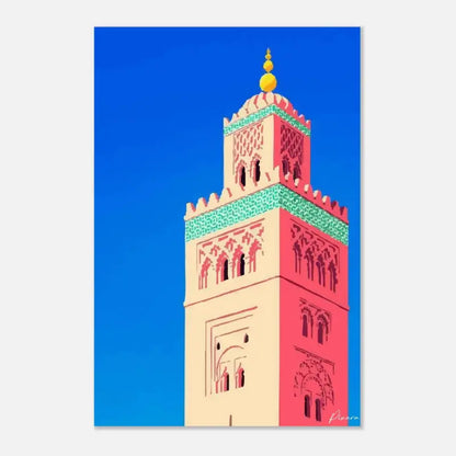 Une illustration vibrante et stylisée du minaret de la mosquée Koutoubia à Marrakech, présentant des sections audacieuses rose et crème avec des motifs géométriques verts intricés sur un ciel bleu profond.
