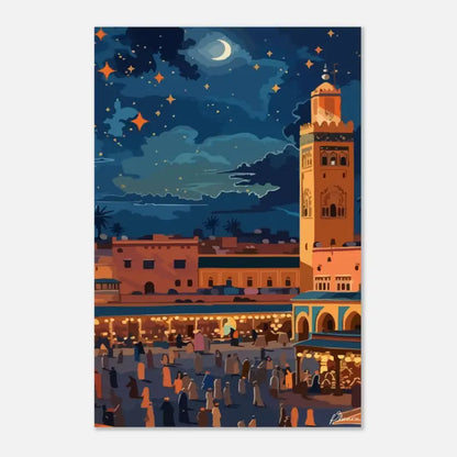 Illustration stylisée du minaret de la mosquée Koutoubia sous un ciel étoilé de nuit.