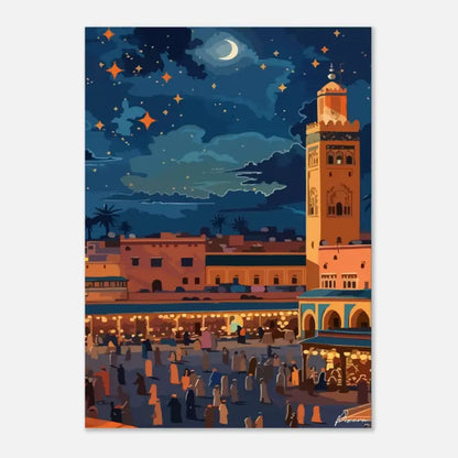 Illustration stylisée du minaret de la mosquée Koutoubia sous un ciel étoilé de nuit.