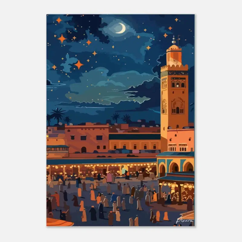 Illustration stylisée de la mosquée Koutoubia à Marrakech la nuit, rendue avec des tons chauds orange et terre cuite sur un ciel étoilé bleu profond.