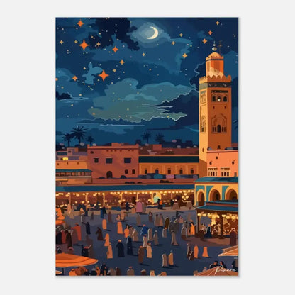 Illustration stylisée du minaret de la mosquée Koutoubia la nuit, rendue en tons chauds orange et terracotta sur un ciel bleu profond avec étoiles et lune croissante.