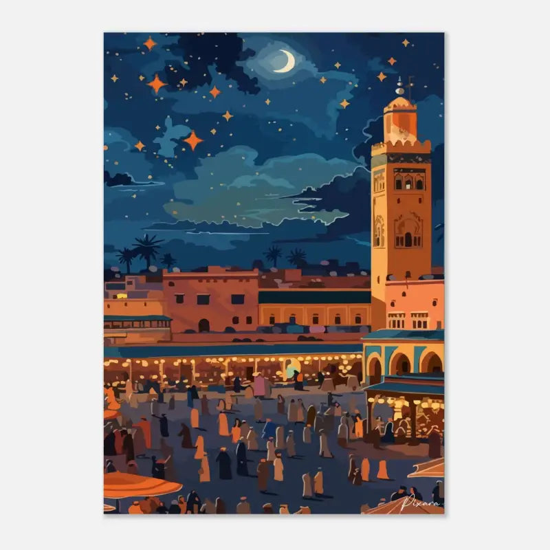 Illustration stylisée du minaret de la mosquée Koutoubia la nuit, rendue en tons chauds orange et terracotta sur un ciel bleu profond avec étoiles et lune croissante.