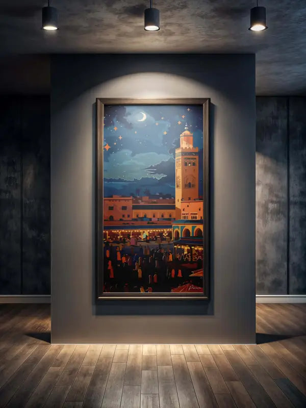 Une illustration encadrée d’une mosquée marocaine sous un croissant de lune, présentant des tons chauds orange et bleu avec des détails architecturaux complexes.