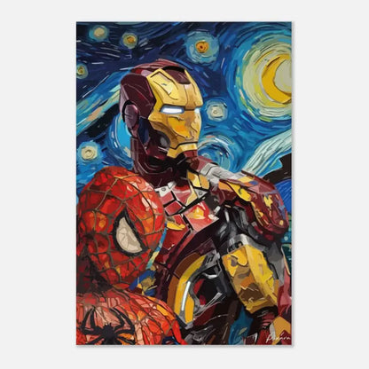 Une peinture vibrante et stylisée mettant en scène Iron Man et Spider-Man dans une pose dynamique sur fond d’un ciel nocturne bleu tourbillonnant parsemé d’étoiles évoquant « La Nuit étoilée » de Van Gogh.