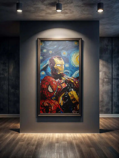 Une peinture vibrante, encadrée, mettant en scène Iron Man et Spider-Man dans une scène stylisée inspirée de La Nuit étoilée, avec des tourbillons de bleus, de jaunes et de rouges.