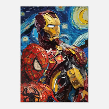 L’Homme de fer dans un costume doré et rouge se dresse de manière proéminente sur fond d’un ciel nocturne bleu tourbillonnant parsemé d’étoiles, rendu dans un style impressionniste rappelant « La Nuit étoilée » de Van Gogh.