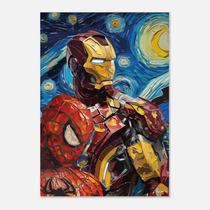 Une peinture vibrante et stylisée mettant en scène Iron Man et Spider-Man dans des poses dynamiques sur fond d’un ciel nocturne bleu tourbillonnant parsemé d’étoiles évoquant la ’Nuit étoilée’ de Van Gogh.