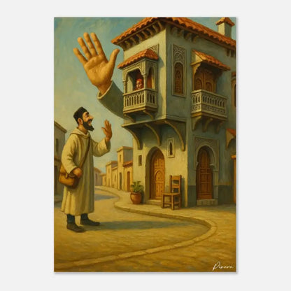 Une peinture à l’huile de style vintage représentant un homme dans une longue robe beige agitant la main vers quelqu’un depuis un balcon du dernier étage d’un bâtiment méditerranéen bleu et de couleur terracotta.