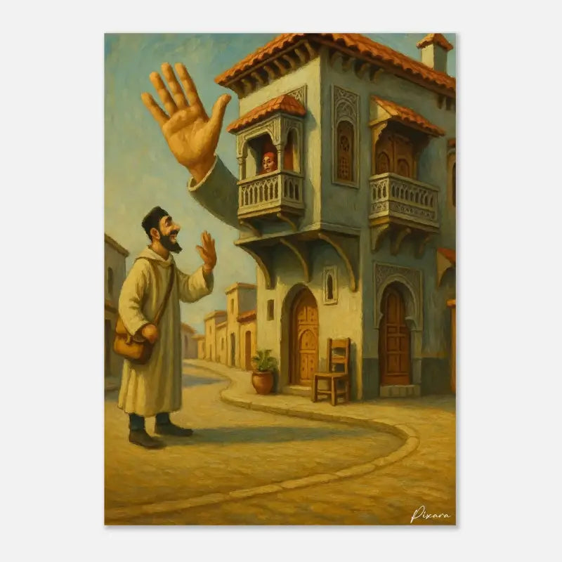 Une peinture à l’huile de style vintage représentant un homme dans une longue robe beige agitant la main vers quelqu’un depuis un balcon du dernier étage d’un bâtiment méditerranéen bleu et de couleur terracotta.