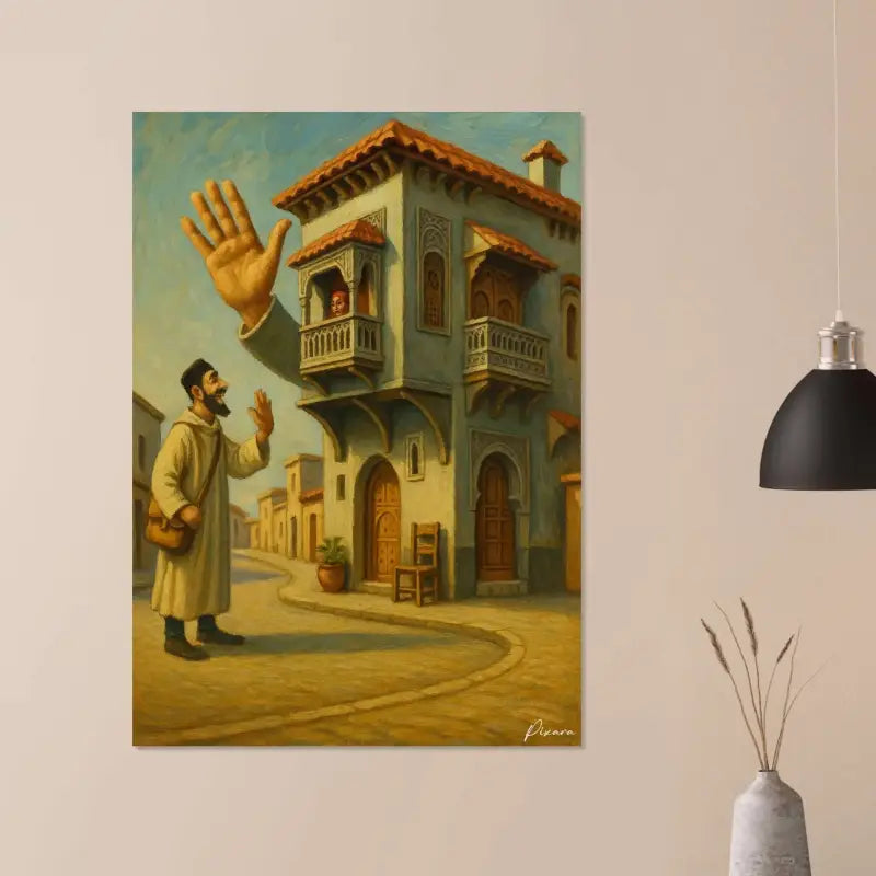 Un tableau encadré représentant un homme en robe beige saluant d’un geste une autre silhouette qui jette un coup d’œil depuis un balcon d’un bâtiment orné, à plusieurs étages, avec des tuiles de toiture en terre cuite et des fenêtres en arc.