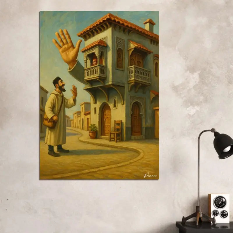 Un tableau encadré représentant un homme en robe beige saluant une autre main émergeant d’un balcon orné d’un bâtiment bleu et ocre, signé ’picaro’ en bas à droite.