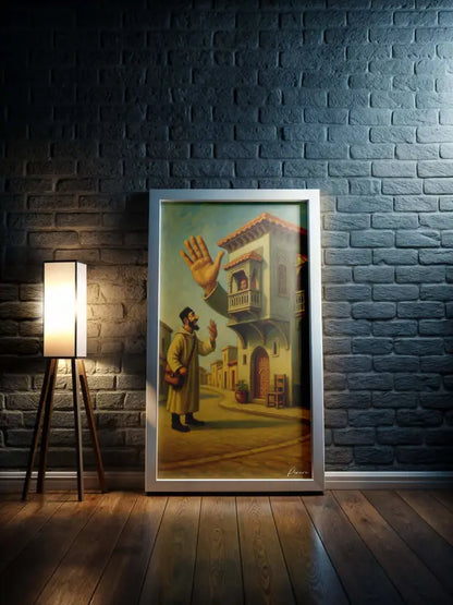 Une peinture encadrée avec un cadre de couleur argentée, représentant un homme dans un manteau jaune agitant la main vers un bâtiment orné sous un ciel aux tons chauds.