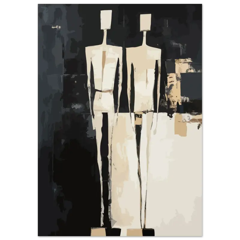 Peinture abstraite mettant en scène deux figures humanoïdes minimalistes aux tons beige sur un fond sombre avec des coups de pinceau texturés.