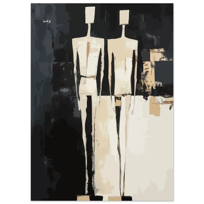 Peinture abstraite mettant en scène deux figures humanoïdes minimalistes aux tons beige sur un fond sombre avec des coups de pinceau texturés.