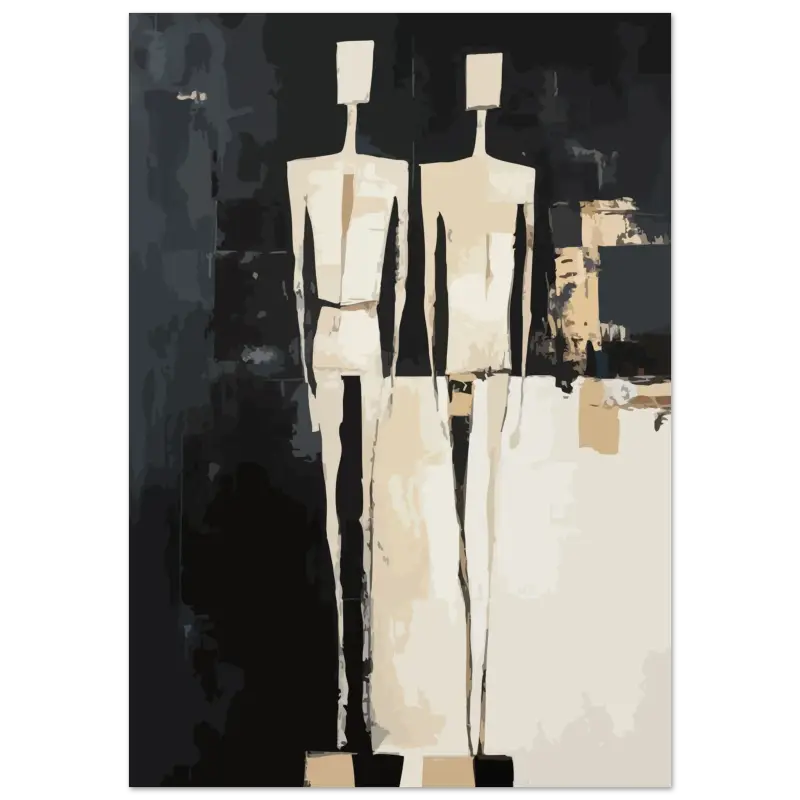 Peinture abstraite mettant en scène deux figures humaines minimalistes et stylisées en tons blanc cassé et beige sur un fond sombre.