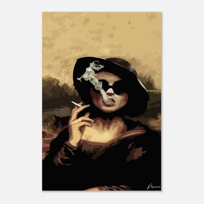 Une estampe artistique stylisée mettant en scène une femme portant un chapeau noir et une tenue sombre, fumant une cigarette avec de la fumée s’enroulant vers le haut sur un fond beige texturé.